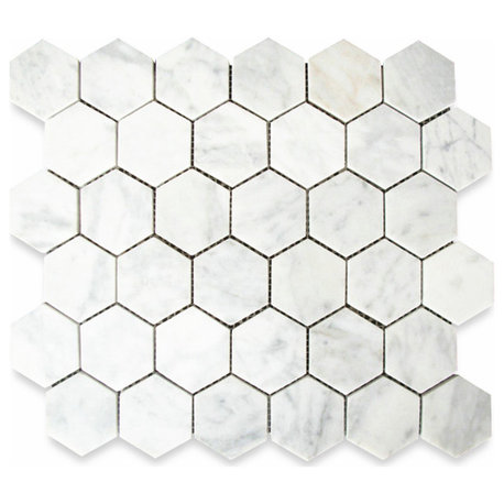 Carrara White Marble 2" Hexagon Mosaic Tile Venato Carrera Honed, 1 sheet