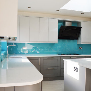 Custom Stencil Design On Blue Glass Splashback