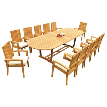 13-Piece Outdoor Teak Dining: 117" Masc Oval Table, 12 Goa Stacking Arm Chairs