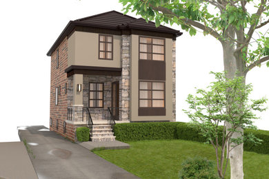 Modelo de fachada de casa contemporánea de tres plantas