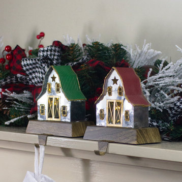 Set of 2 LED Lighted Galvanized Barn Christmas Stocking Holders 5.5"