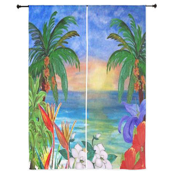 Beach Art Sheer Curtains, Floral Ocean Sunset Beach