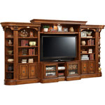 Parker House - Parker House Huntington 6-Piece Entertainment Center in Pecan, #1 - Our Huntington Library Wall bears class and high quality while serving as a modular and multi-functional unit. This collection can be configured as an Entertainment Center, Home Office, Bookcase Wall, and Entertainment Bar Wall. By offering a wide variety of custom storage options, this group is sure to suit your individual and household needs. The Huntington system offers durable wood construction in an Antique Vintage Pecan finish and decorative trims, which adds to its stunning Traditional English Style. This group will be sure to infuse your home with an intricate and lustrous feel while providing enhanced functionality.