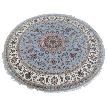 10x10 Round Handmade Blue Fine Tabriz Kashan, Silk Oriental Rug