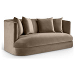 Meridian Furniture - Alder Upholstered Chair, Taupe, Velvet, Loveseat - The Alder taupe velvet upholstered loveseat is an invitation to relax. Its rounded silhouette and soft velvet upholstery create a cozy and inviting space, ideal for sharing with a loved one. Whether you're hosting guests or enjoying a quiet evening, this loveseat adds timeless elegance and warmth to any room.