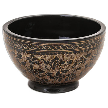 Novica Handmade Brown Floral Forest Lacquered Wood Decorative Bowl
