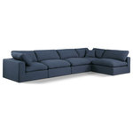Meridian Furniture - Comfy Upholstered L-Shaped Modular Sectional, Navy, 5-Piece: 3 Armless Chair, 2 Corner Chair, Linen Textured Fabric - Give your space a whole new look with this navy Comfy linen textured fabric sectional. This handsome sectional fits nicely with other items in the Comfy collection and is a versatile seating option designed for adaptability, comfort and style. Wrapped in rich navy durable linen textured fabric upholstery, this sectional offers a plush embrace of overstuffed down feather cushions, carefully crafted to deliver the highest level of comfort. The perfect seat for creating an oasis for relaxation, this sectional has thick foam surrounding its frame for added support and coziness.