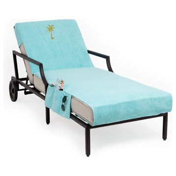 Palm Tree Embroidered Standard Size Chaise Lounge Cover With Side Pockets, Aqua