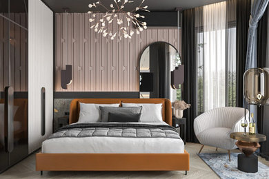 他の地域にある中くらいなトランジショナルスタイルのおしゃれな主寝室 (ベージュの壁、淡色無垢フローリング、ベージュの床) のインテリア