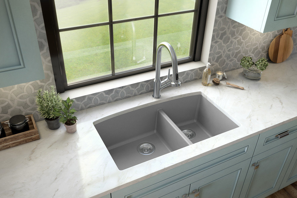 Karran Undermount Quartz 32" 60/40 Double Bowl Kitchen Sink, Grey