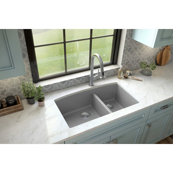 Karran Undermount Quartz 32" 60/40 Double Bowl Kitchen Sink, Grey