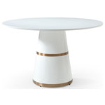 Meridian Furniture - Hans Dining Table, White Lacquer - Bring a modern touch to your kitchen or dining area with this Hans white lacquer dining table. This round table is sized for an easy fit in any dining space. Its round tabletop features a white lacquer finish, giving it a high glossy appearance perfect for your contemporary home. Double gold metal stripes on the base add just enough flair to make this an eye-catching piece, and its wood construction ensures sturdiness that will last for years to come.