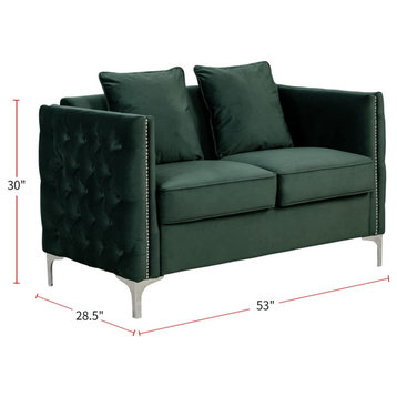 Modern Loveseat, Chrome Metal Legs With Cushioned Seat & Throw Pillows, Green
