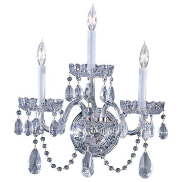 Traditional 3-Light Sconce, Polished Chrome With Clear Swarovski Spectra Crystal