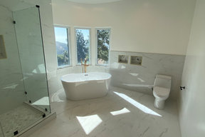 Century City Modern Master Bath with Freestanding Tub & Natural Wood Vanity