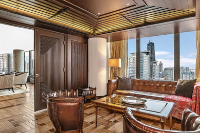 Mid-sized transitional freestanding desk medium tone wood floor, brown floor, wood ceiling and wood wall study room photo in Chicago with brown walls