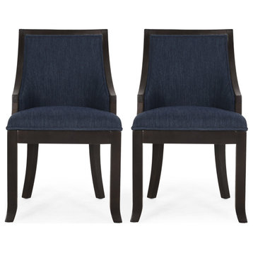 Monita Upholstered Birch Wood Dining Chairs, Set of 2, Navy Blue + Walnut, 100% Polyester + Birch