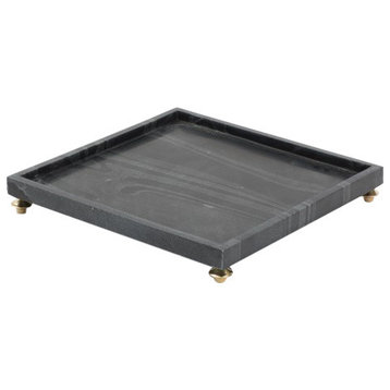 Luxe Classic Black Marble Square Tray Brass Feet Gold Footed Pedestal Elegant