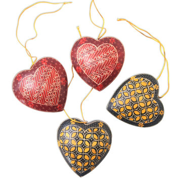 Novica Handmade Traditional Hearts Batik Wood Ornaments (Set Of 4)