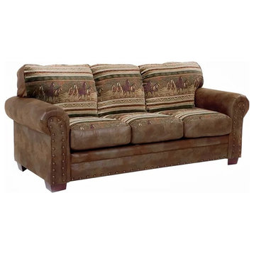 Farmhouse 3 Seater Sofa, Microfiber Upholstery & Horse Tapestry Fabric, Walnut