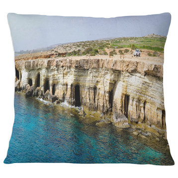 Sea Caves near Cape Greko Panorama Modern Seascape Throw Pillow, 18"x18"