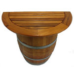 Master Garden Products - Basic Wine Barrel Console Table With Teak Wood Table Top, 36"Wx36"Hx13"D - Rustic used oak wood barrel are handcrafted with teak wood half round table table top make this a unique and eye catching console table for your home and business. They are very popular as decorations as well as practical uses in places such as a bar or restaurant, or in your very own home. Barrel console tables are great to be put against the wall, or around any corners, or areas with limited space. Teak wood table top dimension: 36"W x 17.5"D x 1" thick. Barrel stand dimension: 26"W x 35"L x 13"D.