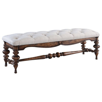 Bench Portico Old World Distressed Wood Rustic Pecan  Tufted Oatmeal