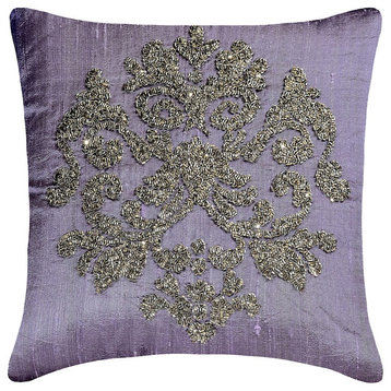 Purple Silk Beaded & Damask 16"x16" Throw Pillow Cover - Damask Silk Purple