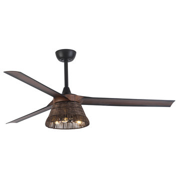 60 in Indoor Rustic Brown Rattan Ceiling Fan with Light Kit and Remote Control