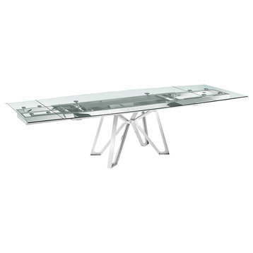 Dcota Manual Dining Table with Brushed Stainless Steel Base and Clear Top