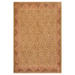 Bareens Designer Rugs - Shabby Chic Ziegler Millie Green Brown Hand-Knotted Wool Rug - 7'8'' x 10'0'' - Enhance the ambiance of your home with this magnificent Persian-influenced Turkish hand-knotted rug made by skilled artisans capable of creating the most exceptional vegetable dyes and hand-spun wool. This exquisite handmade rug is a one-of-a-kind Peshawar Kafkaz, otherwise identified as Chobi, Chobi Peshawar, Oushak, or Ziegler rug. These handmade rugs are crafted in Pakistan utilizing superior-quality wool imported from Australia, New Zealand, and Korea in two types of weaves: the Persian weave and the Mori weave. This rug is meticulously crafted by hand using the finest natural vegetable dyes extracted from local plants. The artisans use a blend of hand-spun local and fine merino wool, resulting in a rug with a compelling texture, higher lanolin content, and longer staple. The artisans occasionally incorporate natural or artificial silk into the pile to enhance specific motifs. The finished product is an awe-inspiring execution of flawless design and an understated palette that exudes elegance.