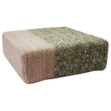 Ira Handmade Wool Braided Square Pouf, Natural/Silver Pink