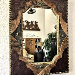 SigCowboy - Leather Upholstered Barn Wood Mirror, 24x18 - Wall Mirrors