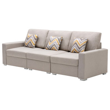 Nolan Beige Linen Fabric Sofa With Pillows and Interchangeable Legs