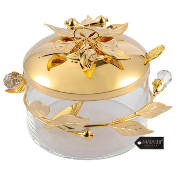 24K Gold Plated Sugar Glass Bowl, Flower and Vine Design With Spoon