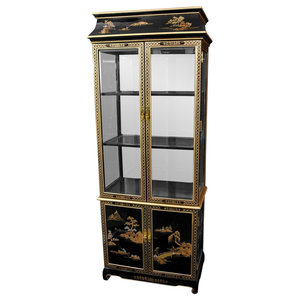 Black Mother of Pearl Ladies Oriental Furniture Tall Lacquer Curio Cabinet