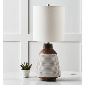 Botwood Walnut and Whitewasg Painted Table Lamp With Off-White Cotton Shade
