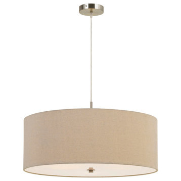 60W X 3 Drum Shade Pendant Fixture, Beige And Silver