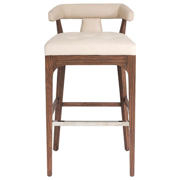 Luxe Sleek Contemporary Ivory Leather Bar Stool 38" Open T Back Walnut Wood