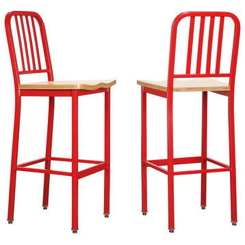 2 Pack Bar Stool, Metal Frame With Natural Beechwood Seat and Slatted Back, Red