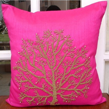 Pink Art Silk 18"x18" Beaded Tree Pillow Covers, Fuchsia Tree Of Life