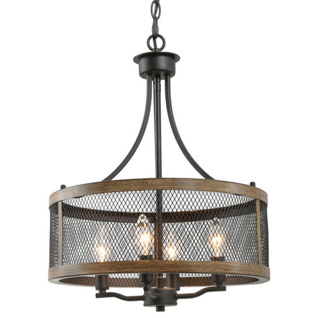 LNC 4-Light Distressed Farmhouse Wood Grain, Black Drum Chandelier