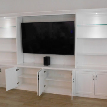 Custom Free Standing Entertainment Center with Glass Top Shelves, Shaker Doors