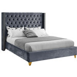 Meridian Furniture - Barolo Velvet Upholstered Bed, Gray, Queen - Elegant and eye-catching, the stunning Barolo Bed from Meridian Furniture is the perfect addition to any bedroom. Rich velvet covers the deep tufted design. A beautiful wing bed design is complimented by hand applied gold nail head details. Strength and beauty is guaranteed with a solid wood frame and stainless steel legs.