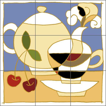 Ceramic Tile Mural Backsplash, Cup, Pot and Cherries, 18"x18"