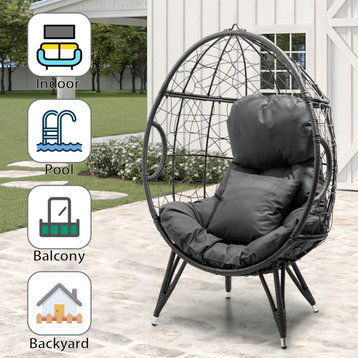 Patio Wicker Egg Chair With Cushion and Pillow, Hanging Basket Lounge, Gray