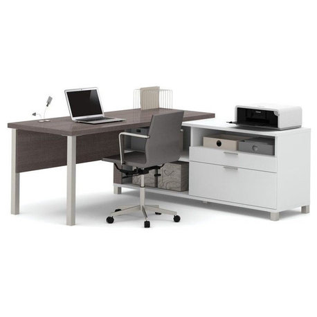 Bestar Pro-Linea L-Desk with legs in White and Bark Grey