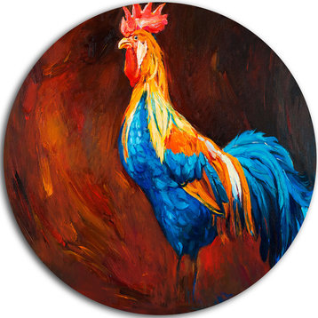 Blue And Orange Rooster, Animal Round Metal Wall Art, 36"