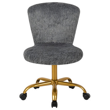 Faux Fur Upholstered Makeup Vanity Chairs With Golden Lacquer Base, Gray