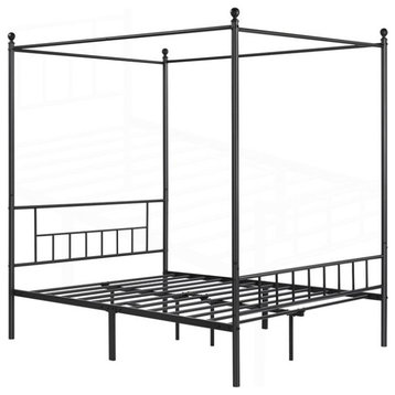 Classic Canopy Bed, Black Finished Metal Frame & Top Ball Finials Details, Full